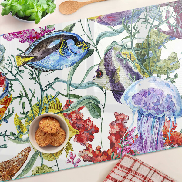 Tagliere in vetro con motivo marino raffigurante pesci e meduse