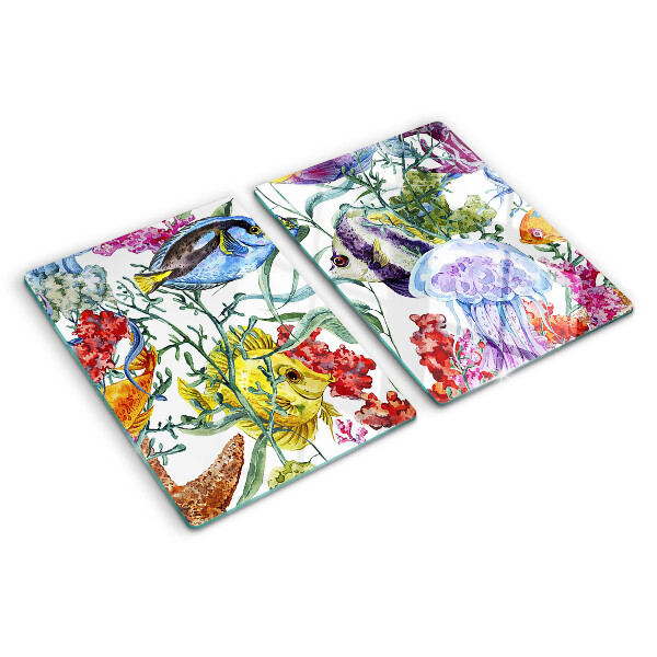 Tagliere in vetro con motivo marino raffigurante pesci e meduse