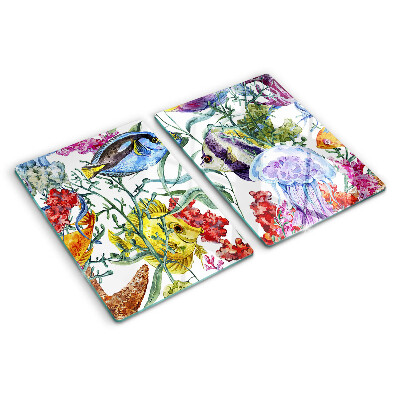 Tagliere in vetro con motivo marino raffigurante pesci e meduse