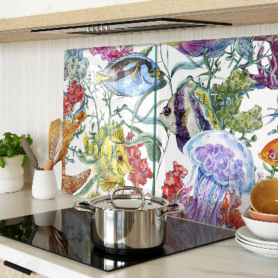 Tagliere in vetro con motivo marino raffigurante pesci e meduse