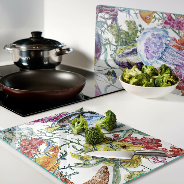 Tagliere in vetro con motivo marino raffigurante pesci e meduse