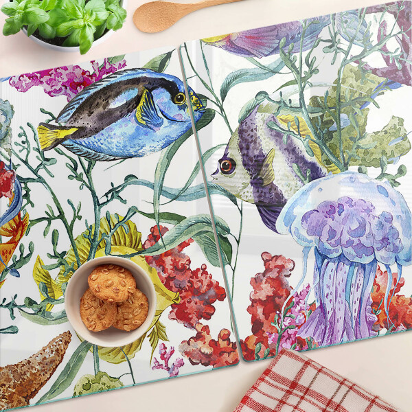 Tagliere in vetro con motivo marino raffigurante pesci e meduse