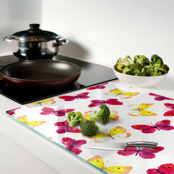 Tagliere in vetro temperato con motivo di farfalle nei colori primaverili