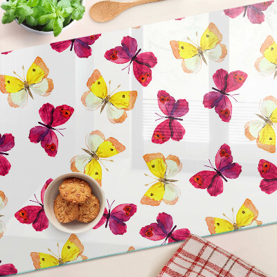 Tagliere in vetro temperato con motivo di farfalle nei colori primaverili