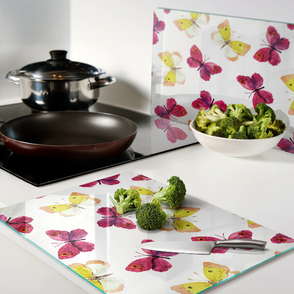 Tagliere in vetro temperato con motivo di farfalle nei colori primaverili