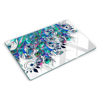 Tagliere in vetro temperato con motivo di piume di pavone nei toni del verde e del blu