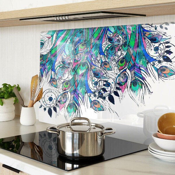 Tagliere in vetro temperato con motivo di piume di pavone nei toni del verde e del blu