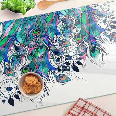 Tagliere in vetro temperato con motivo di piume di pavone nei toni del verde e del blu