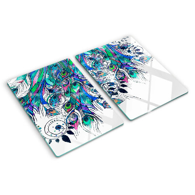 Tagliere in vetro temperato con motivo di piume di pavone nei toni del verde e del blu