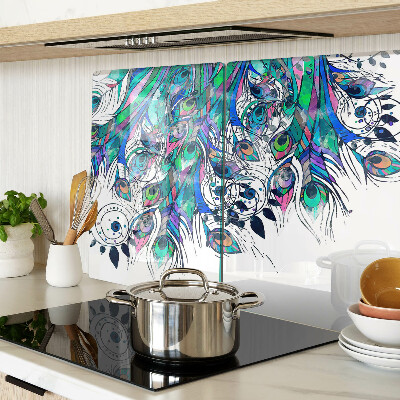 Tagliere in vetro temperato con motivo di piume di pavone nei toni del verde e del blu