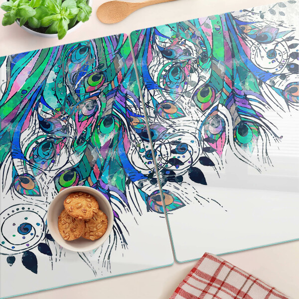 Tagliere in vetro temperato con motivo di piume di pavone nei toni del verde e del blu