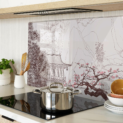 Tagliere in vetro temperato con paesaggio montano e alberi in fiore