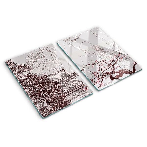 Tagliere in vetro temperato con paesaggio montano e alberi in fiore