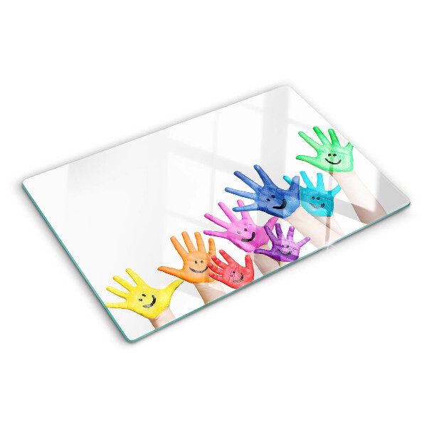 Tagliere in vetro con stampa di mani colorate sorridenti