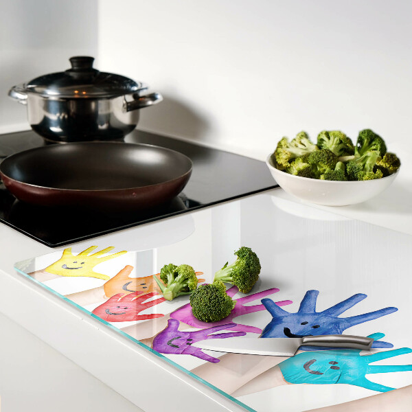 Tagliere in vetro con stampa di mani colorate sorridenti