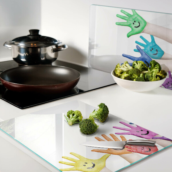 Tagliere in vetro con stampa di mani colorate sorridenti