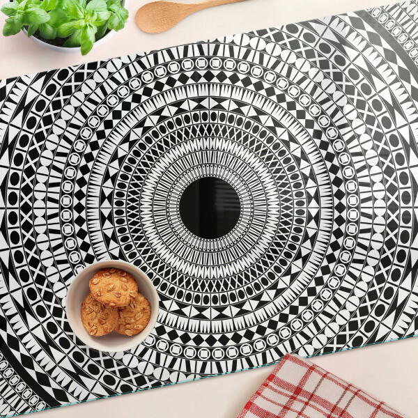 Tagliere in vetro temperato Mandala nei toni del bianco e nero