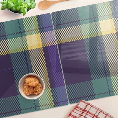 Tagliere in vetro con motivo a quadretti nei toni del viola e del verde