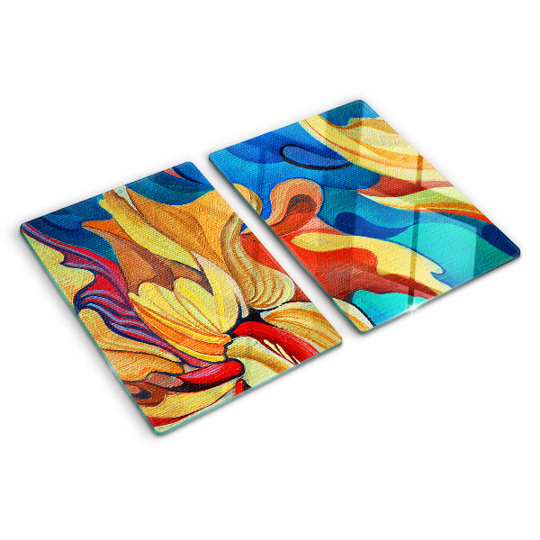 Tagliere in vetro temperato con fiori colorati su uno sfondo astratto