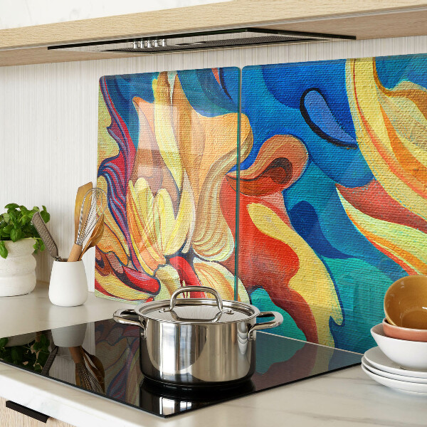 Tagliere in vetro temperato con fiori colorati su uno sfondo astratto