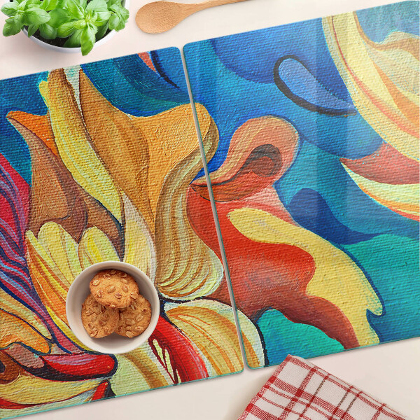 Tagliere in vetro temperato con fiori colorati su uno sfondo astratto