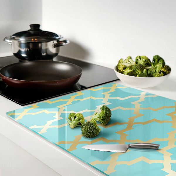 Tagliere in vetro temperato con motivo arabesco nei toni dell'azzurro