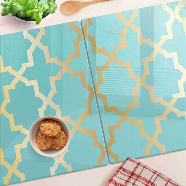 Tagliere in vetro temperato con motivo arabesco nei toni dell'azzurro