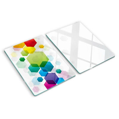Tagliere in vetro con motivo a esagoni colorati sullo sfondo