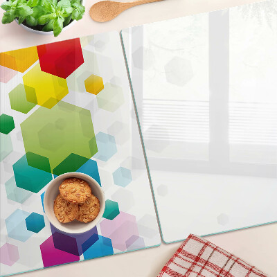 Tagliere in vetro con motivo a esagoni colorati sullo sfondo