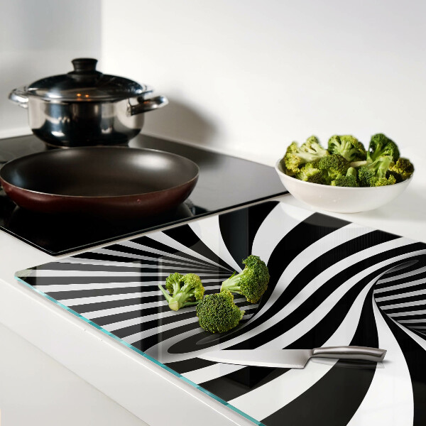 Tagliere in vetro temperato con motivo a spirale in bianco e nero