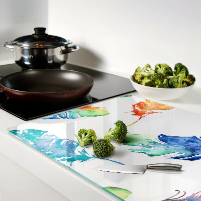 Tagliere in vetro temperato con motivo di piume ad acquerello