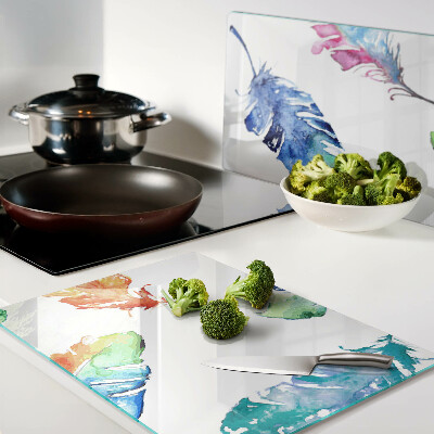 Tagliere in vetro temperato con motivo di piume ad acquerello