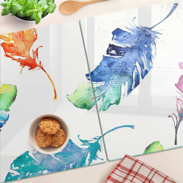 Tagliere in vetro temperato con motivo di piume ad acquerello