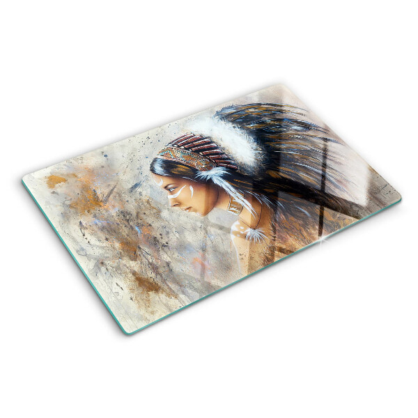 Tagliere in vetro temperato con stampa di un indiano con copricapo di piume