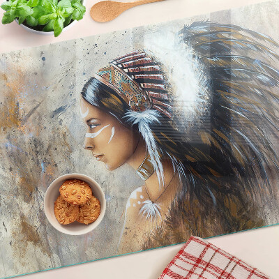 Tagliere in vetro temperato con stampa di un indiano con copricapo di piume