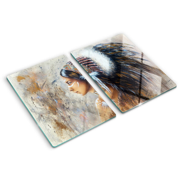 Tagliere in vetro temperato con stampa di un indiano con copricapo di piume