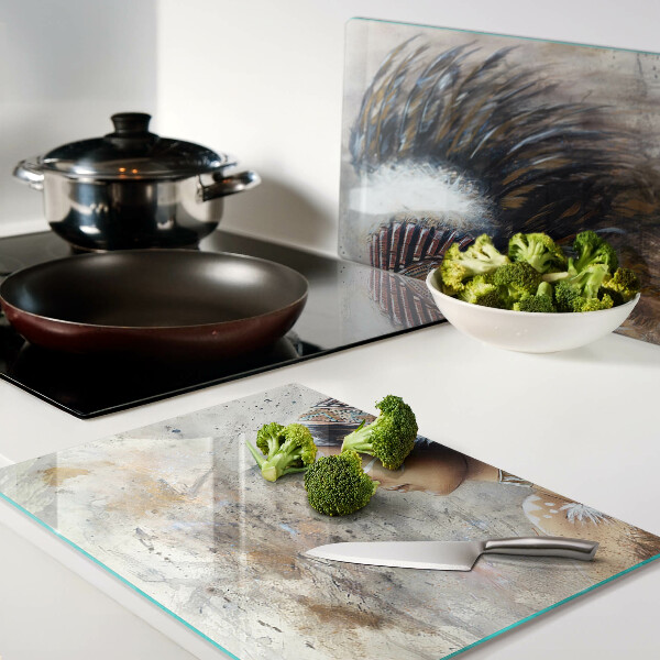 Tagliere in vetro temperato con stampa di un indiano con copricapo di piume