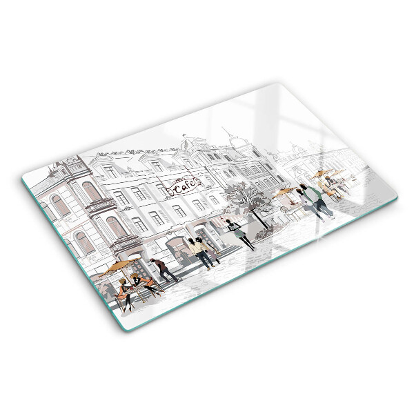 Tagliere in vetro temperato con stampa raffigurante una scena di caffè in città