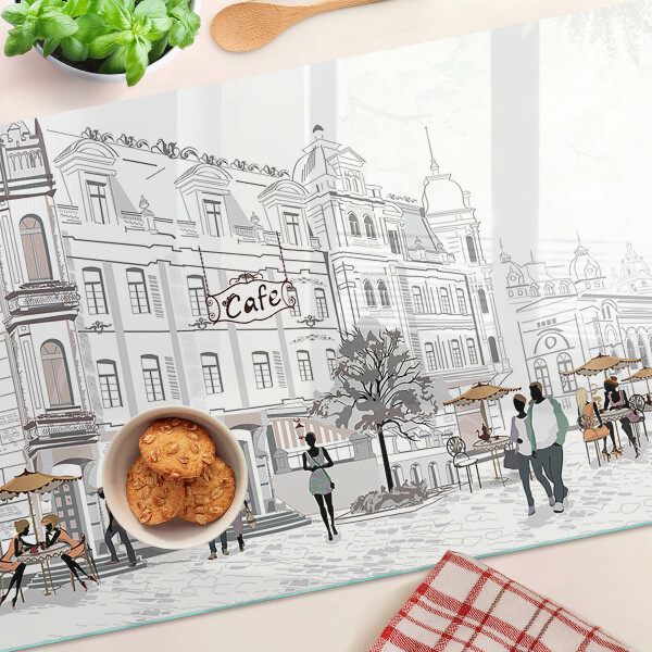 Tagliere in vetro temperato con stampa raffigurante una scena di caffè in città