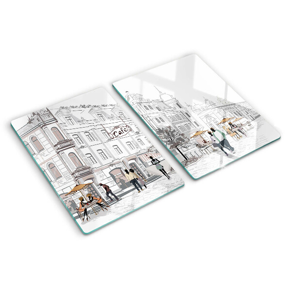 Tagliere in vetro temperato con stampa raffigurante una scena di caffè in città