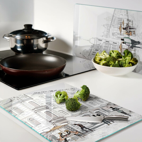 Tagliere in vetro temperato con stampa raffigurante una scena di caffè in città