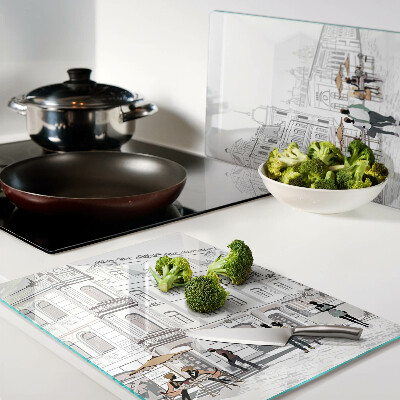 Tagliere in vetro temperato con stampa raffigurante una scena di caffè in città