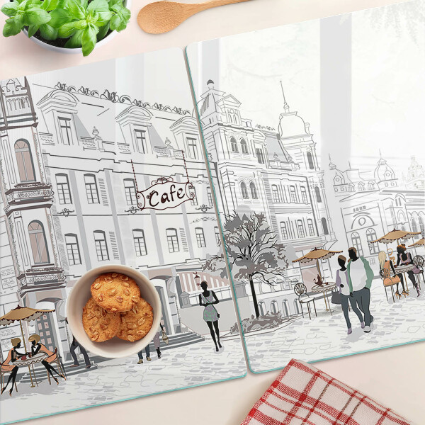 Tagliere in vetro temperato con stampa raffigurante una scena di caffè in città