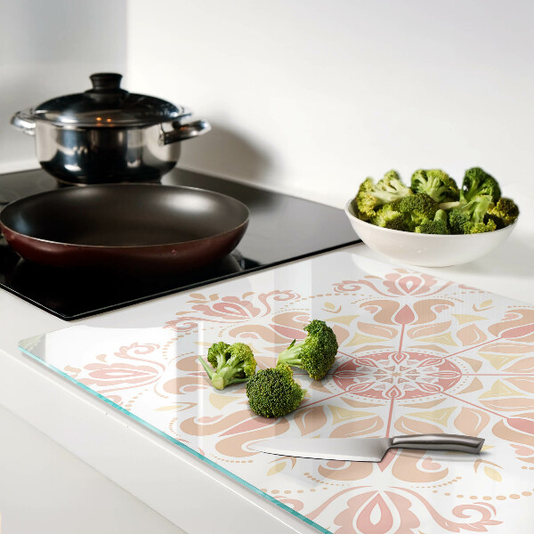 Tagliere in vetro temperato con stampa a mandala nei toni del rosa