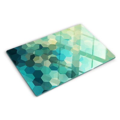 Tagliere in vetro temperato con motivo a esagoni nei toni dell'azzurro