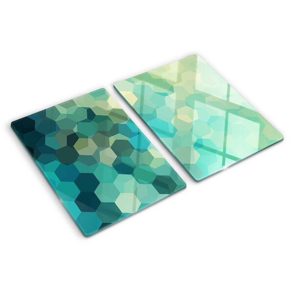Tagliere in vetro temperato con motivo a esagoni nei toni dell'azzurro