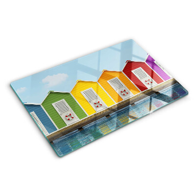 Tagliere in vetro temperato con stampa di casette colorate sul mare