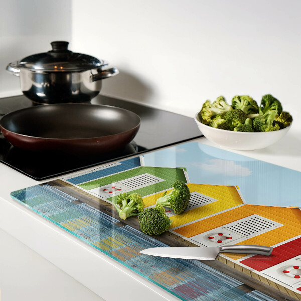 Tagliere in vetro temperato con stampa di casette colorate sul mare