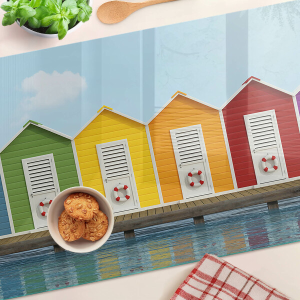 Tagliere in vetro temperato con stampa di casette colorate sul mare