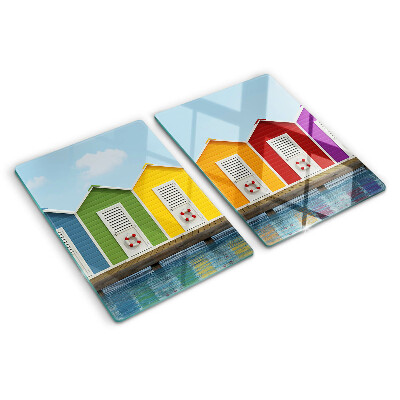 Tagliere in vetro temperato con stampa di casette colorate sul mare